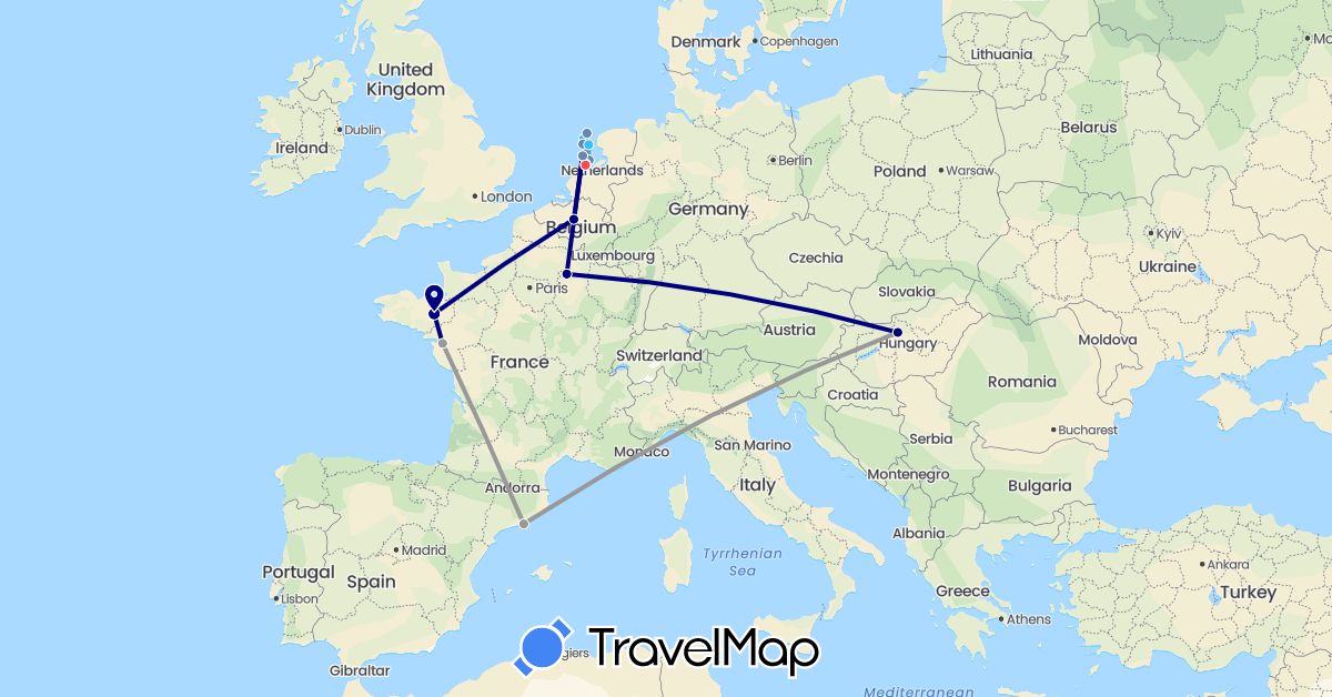 TravelMap itinerary: driving, plane, cycling, hiking, boat in Belgium, Spain, France, Hungary, Netherlands (Europe)